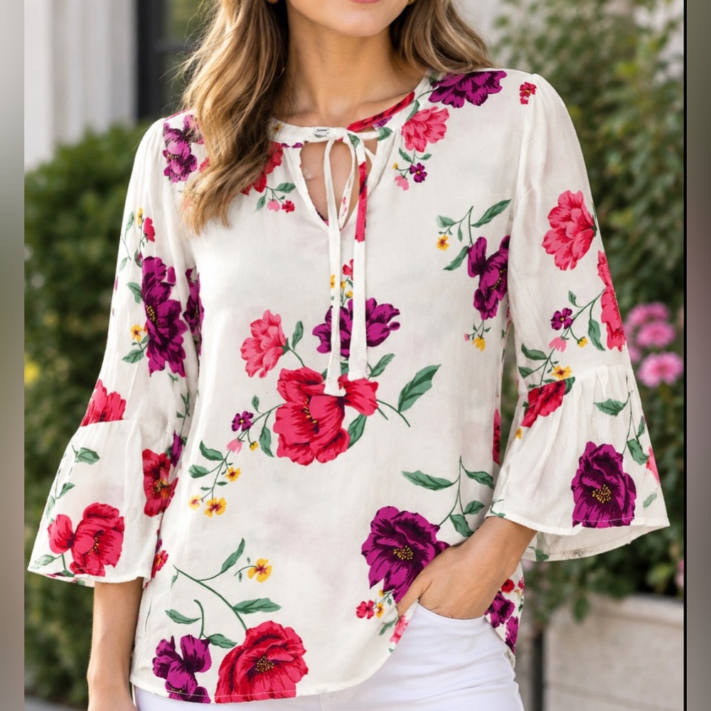 Floral Tie-Neck Tunic Top - White with Pink & Purple Flowers S